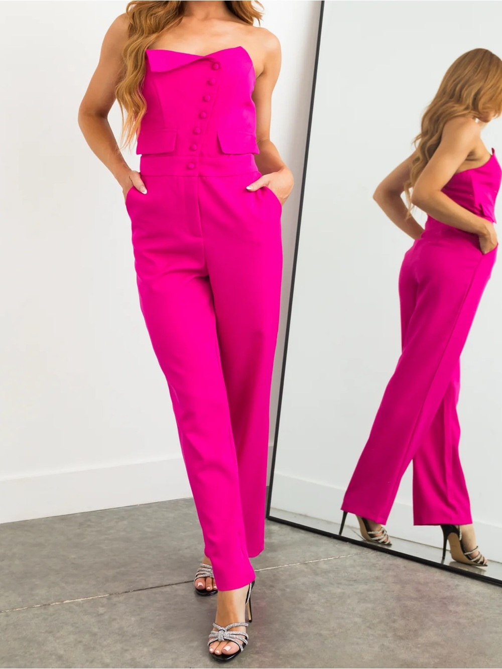 NWT Magenta Strapless Asymmetrical Button Up Hot Pink Jumpsuit medium